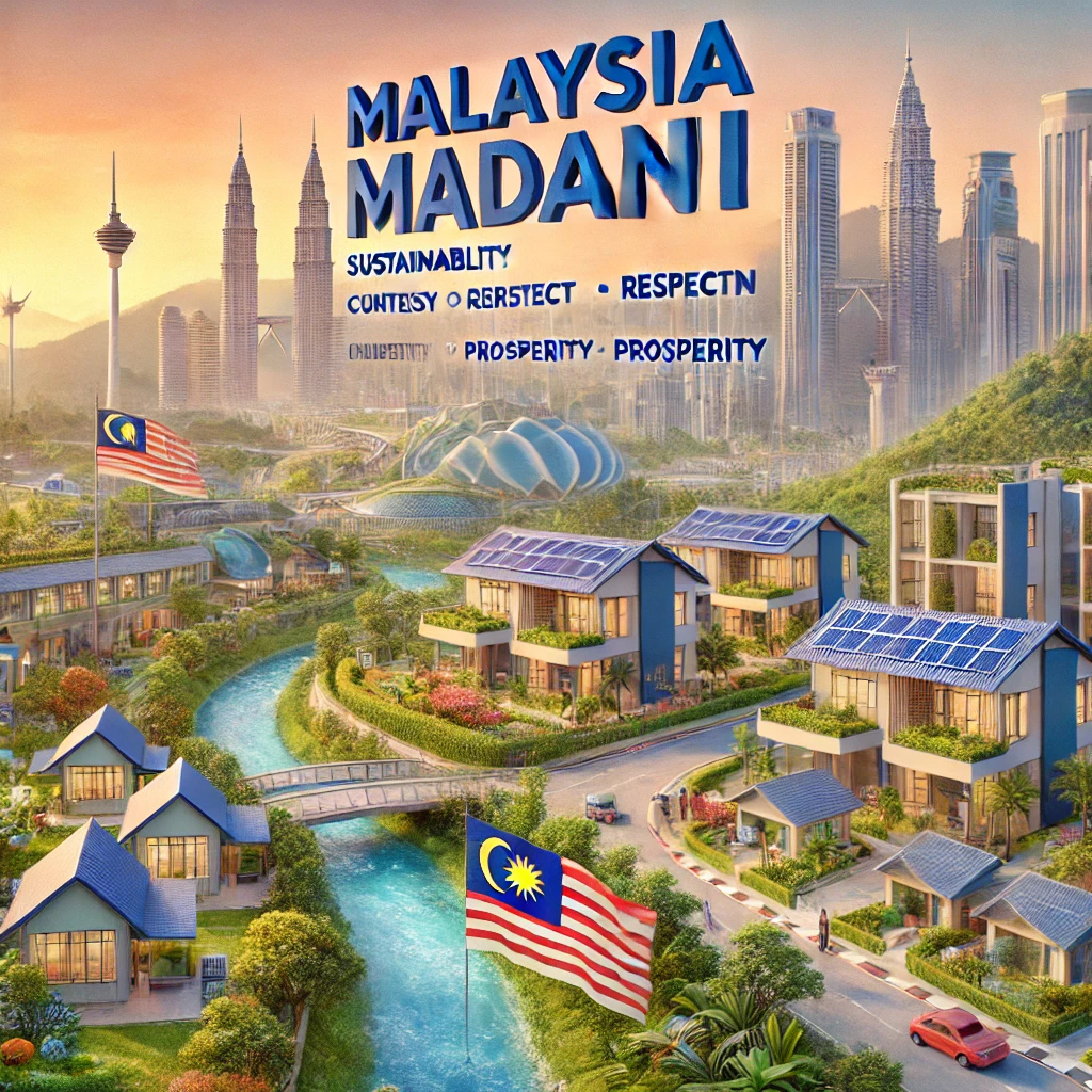 A vibrant representation of the Malaysia Madani vision, featuring diverse communities living in modern, sustainable housing developments with green parks and innovation symbols like solar panels