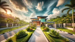 A wide-angle view of Rumah Mesra Rakyat 2025 in Malaysia, featuring a modern house surrounded by tropical plants